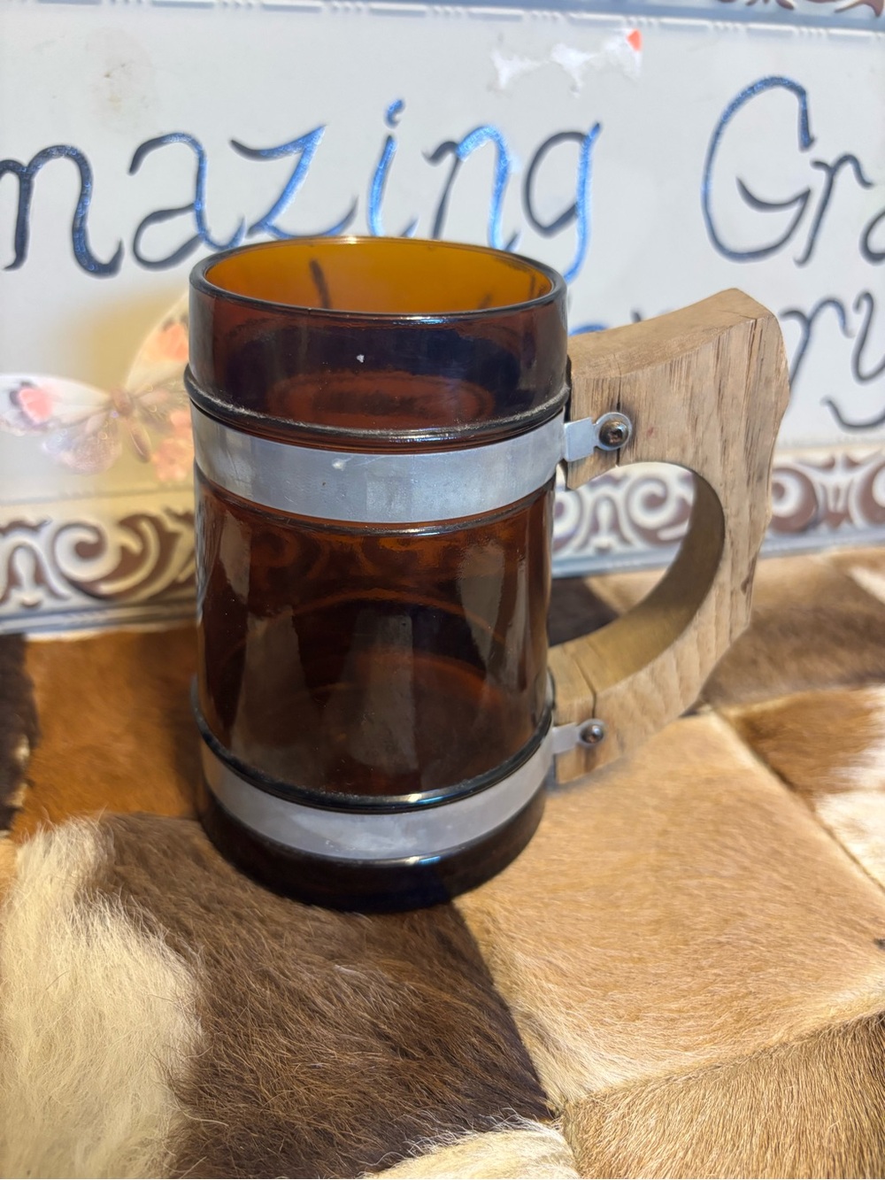 Siesta Ware Amber Glass Tankard Mug with Wood Handle